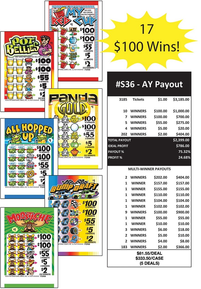 Three Window Pull Tabs with 17 100 Top Prize Winners